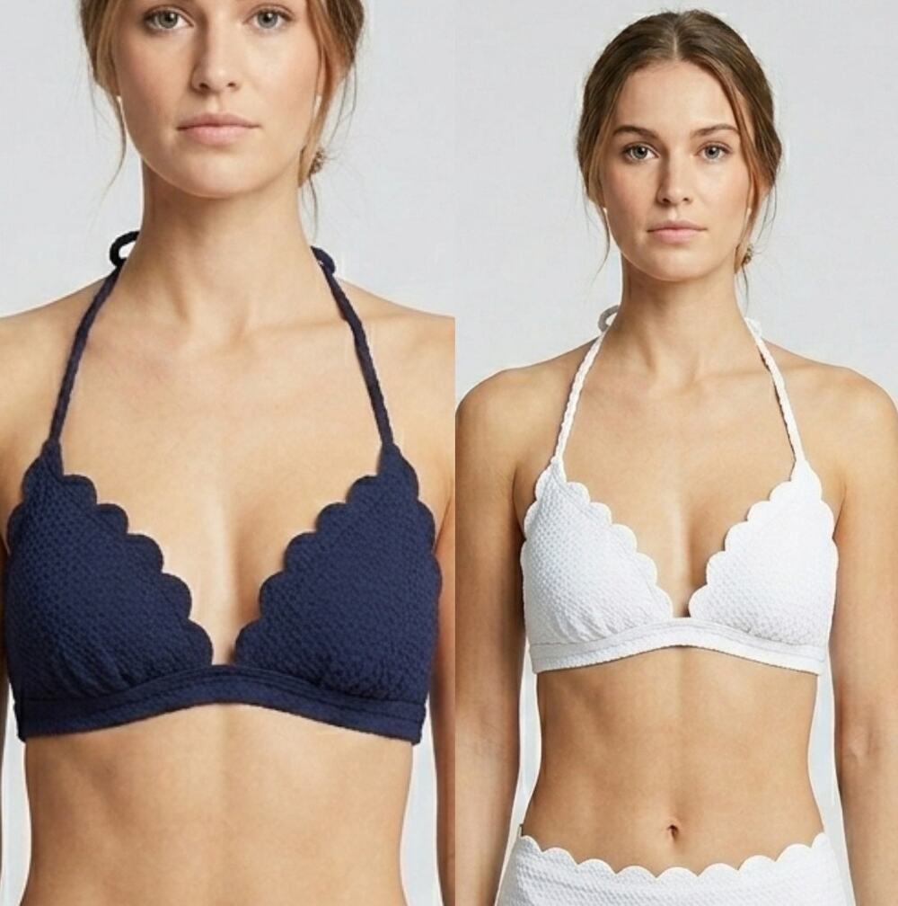 NWT Kate Spade Triangle Top Swimsuit Scalloped Trim White & Navy Bundle Size S